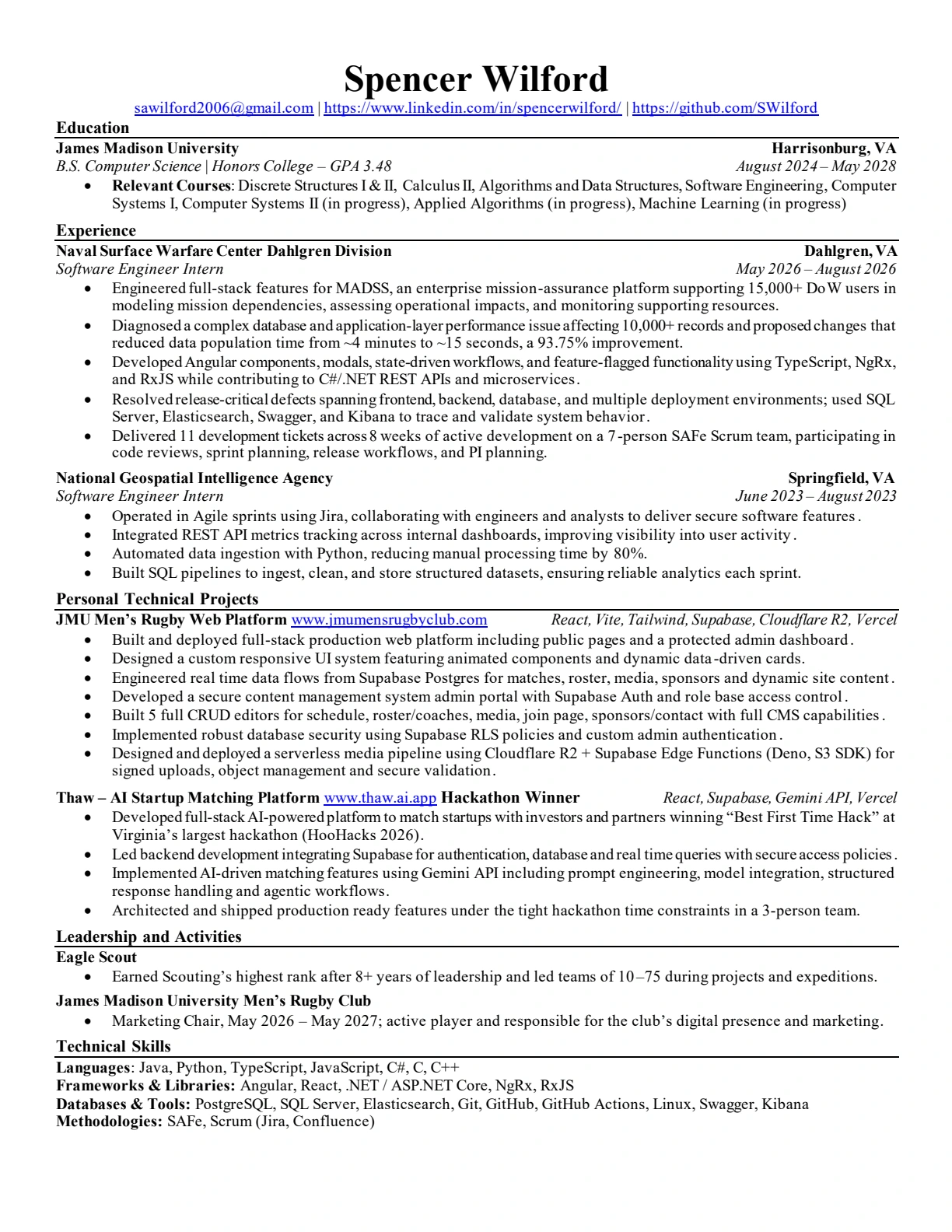Spencer Wilford's resume: JMU education, NSWCDD and NGA internships, JMU rugby and Thaw projects, leadership, and technical skills. Open the PDF to read selectable text.